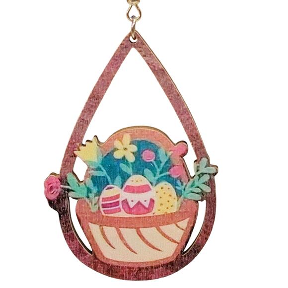 Easter Basket Earrings‎ Eggs Flowers Wooden Dangle Springtime Novelty Jewelry - Picture 2 of 4